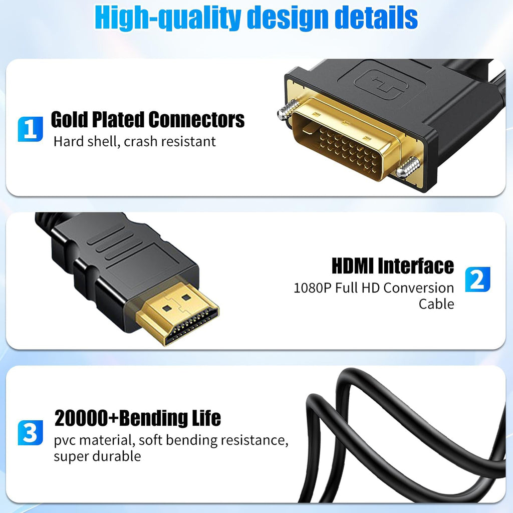DVI D 24+1 to HDMI Compatible Cable Male to Male Bidirectional 1080P 60Hz 1920x1200 for PS5 PS4 PS3 Xbox One 360 Roku Raspberry Pi