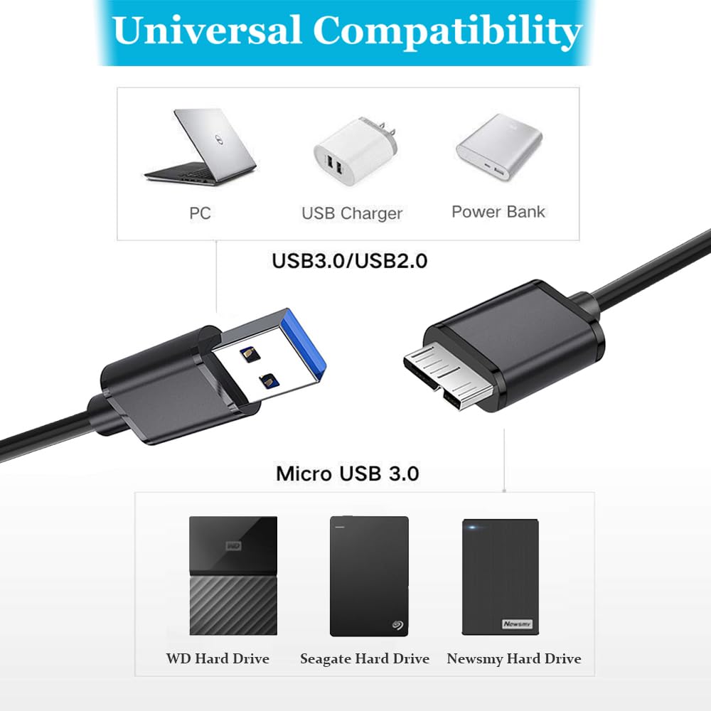 USB 3.0 Type A to Micro-B Cable 5Gbps Fast Data Transfer Cord Compatible with External Hard Drive HDD Camera Galaxy S5 Note 3