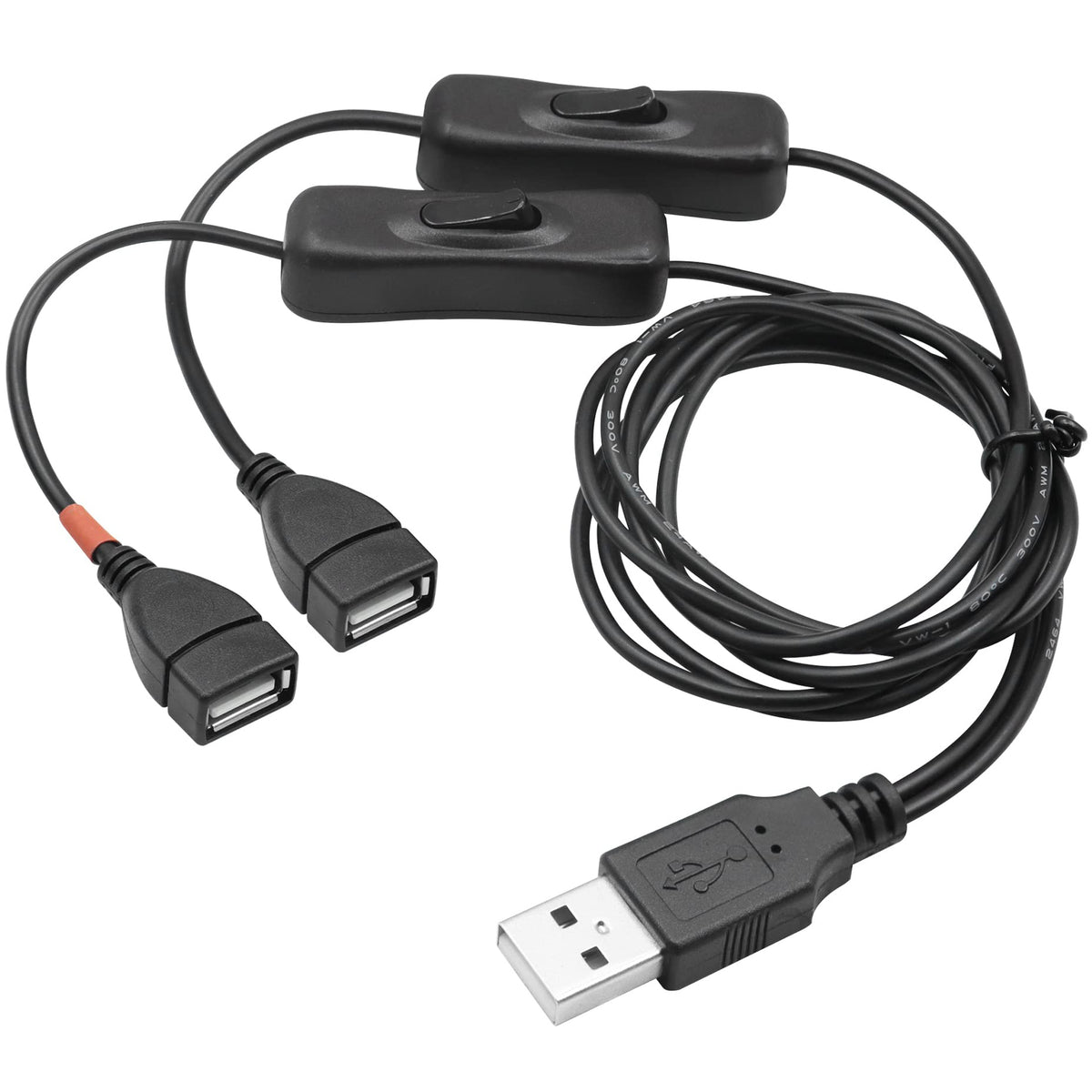 USB Splitter Cable with Dual On Off Switches USB A Male to 2 USB Female Y Cord 1 Data Sync Power and 1 Charge Only Port Extender for Desk Lamp Fan PC