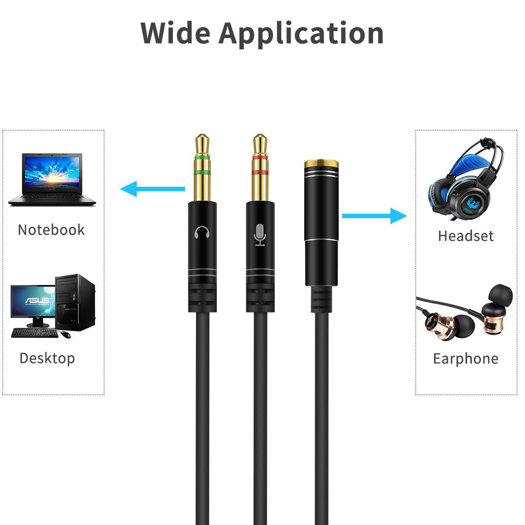 Headphone Mic Splitter Cable for PC 3.5mm Female to 2 Dual Male Audio Y Adapter TRRS to TRS Headset Microphone Separator Aux Cord for Gaming Laptop Desktop