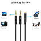 Headphone Mic Splitter Cable for PC 3.5mm Female to 2 Dual Male Audio Y Adapter TRRS to TRS Headset Microphone Separator Aux Cord for Gaming Laptop Desktop