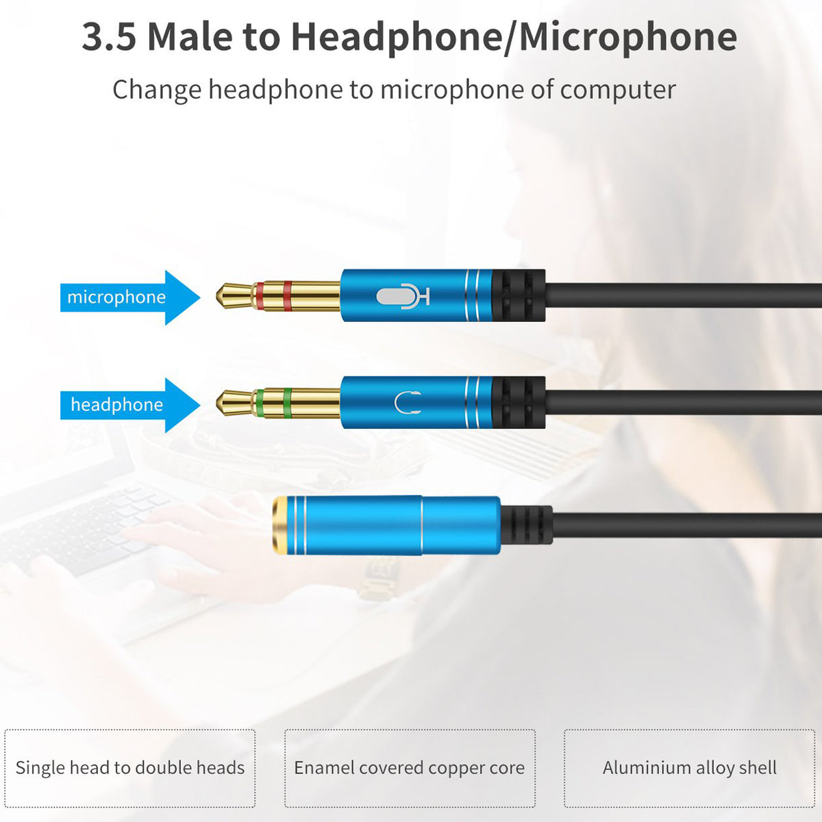 Headphone Mic Splitter Cable for PC 3.5mm Female to 2 Dual Male Audio Y Adapter TRRS to TRS Headset Microphone Separator Aux Cord for Gaming Laptop Desktop