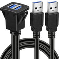 Dual Port Square USB 3.0 Flush Panel Mount Extension Cable for Car, Boat & Dashboard