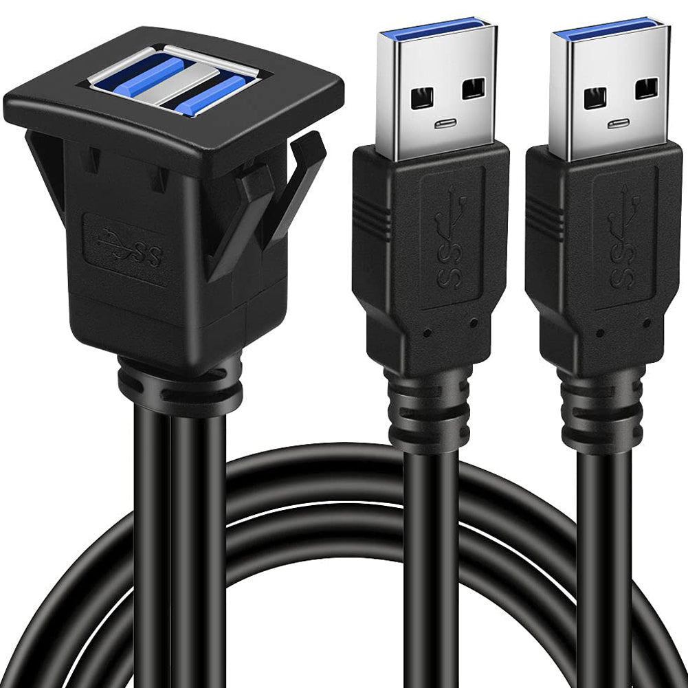 Dual Port Square USB 3.0 Flush Panel Mount Extension Cable for Car, Boat & Dashboard