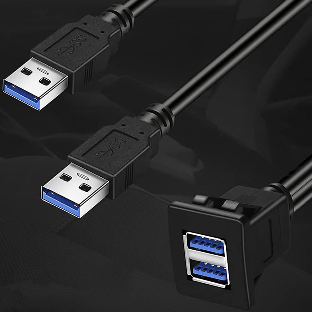 Dual Port Square USB 3.0 Flush Panel Mount Extension Cable for Car, Boat & Dashboard