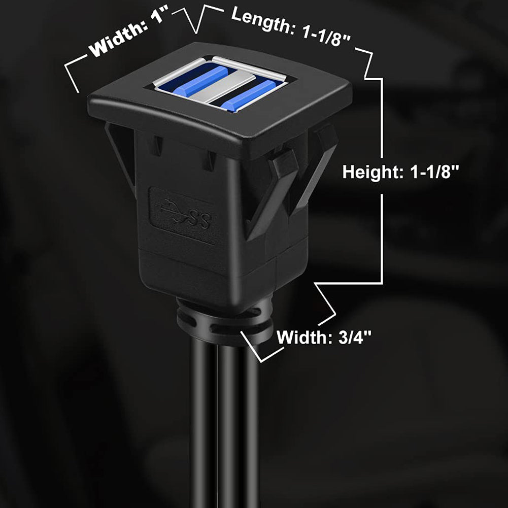 Dual Port Square USB 3.0 Flush Panel Mount Extension Cable for Car, Boat & Dashboard