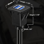 Dual Port Square USB 3.0 Flush Panel Mount Extension Cable for Car, Boat & Dashboard