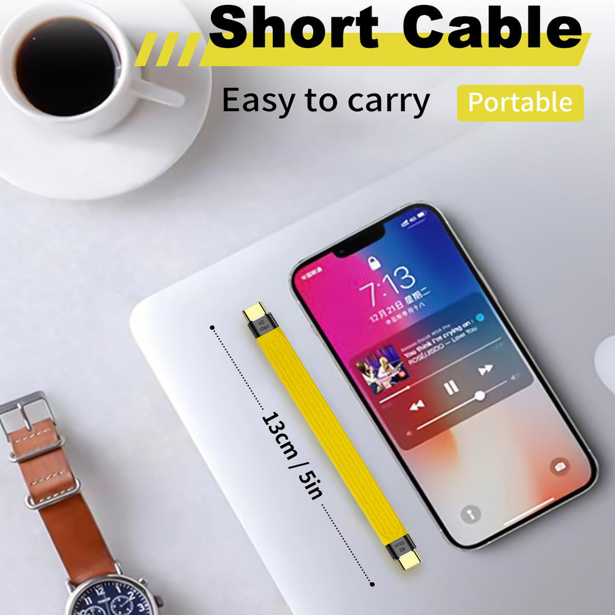 Short USB C to USB C Cable 5 Inch 40Gbps FPC Flat Cord 100W PD Fast Charging 8K 60Hz Video for Thunderbolt 4 3 External SSD Power Bank MacBook iPad Laptop