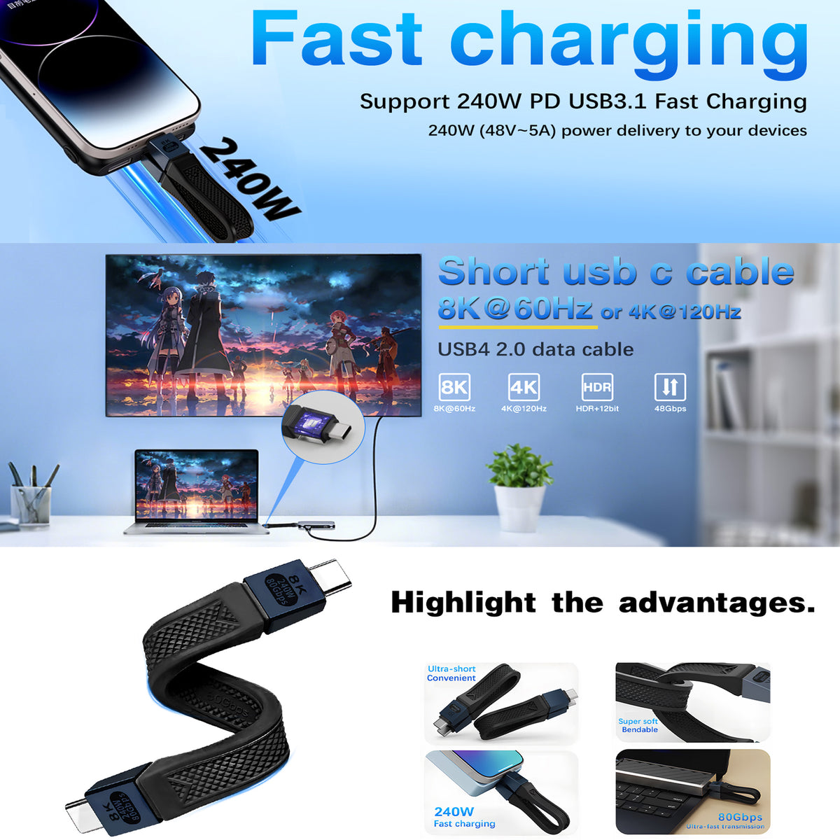 Short USB C to USB C Cable 5 Inch 80Gbps 240W PD FPC Flat Thunderbolt 5 4 USB4 8K 60Hz Video for iPhone 16 MacBook iPad External SSD Docking Station