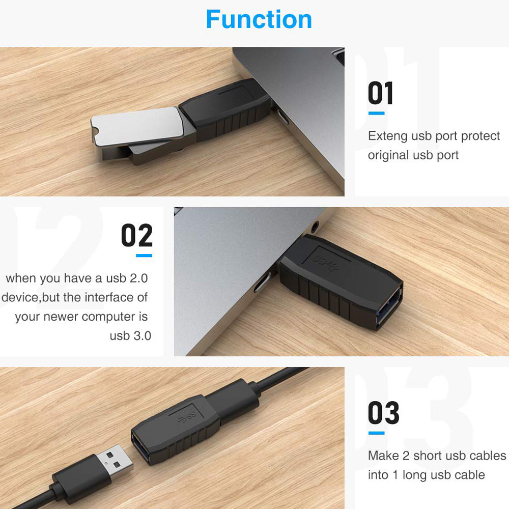 USB 3.0 Coupler Male to Female Adapter SuperSpeed 5Gbps USB Port Extension Connector for Laptops and Computers