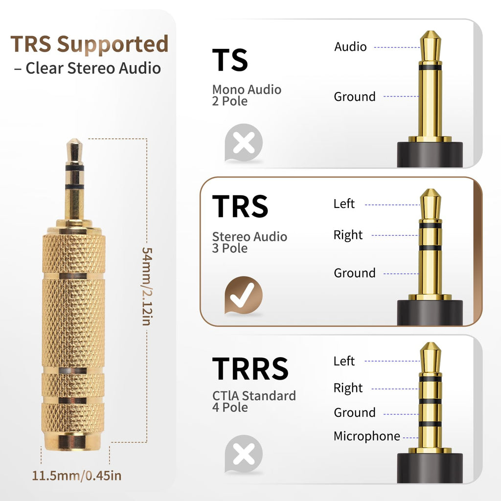 3.5mm Male to 6.35mm Female Stereo Audio Adapter Gold Plated 1/8 Inch to 1/4 Inch TRS Headphone Jack Converter