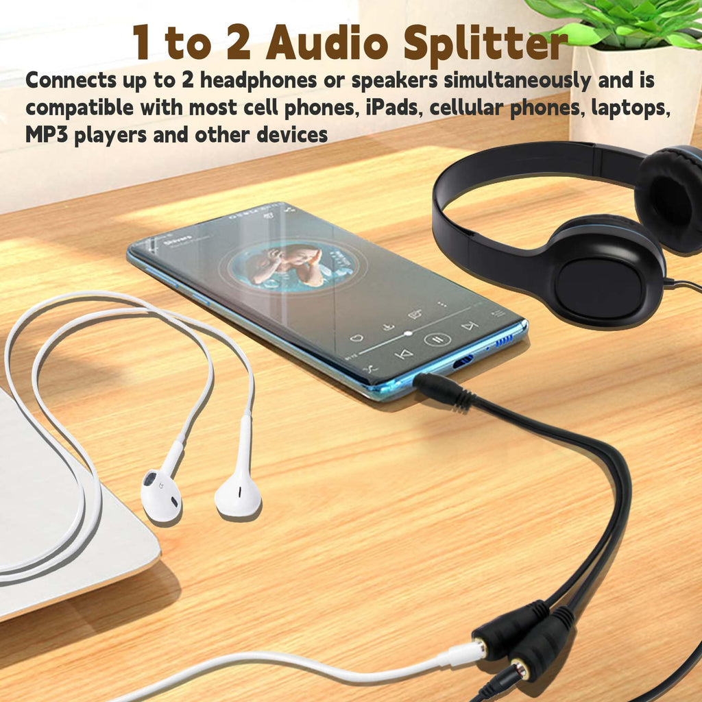 3.5mm Headphone Splitter Gold Plated 1 Male to 2 Female Audio Y Adapter 20cm Share Audio with Two Headphones or Speakers