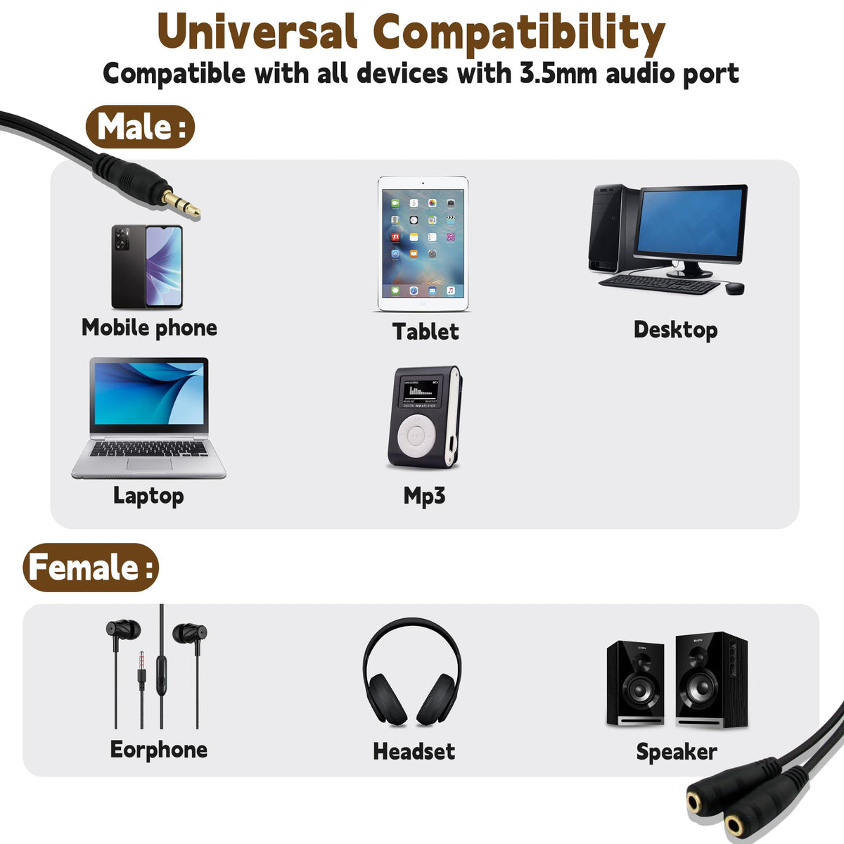 3.5mm Headphone Splitter Gold Plated 1 Male to 2 Female Audio Y Adapter 20cm Share Audio with Two Headphones or Speakers