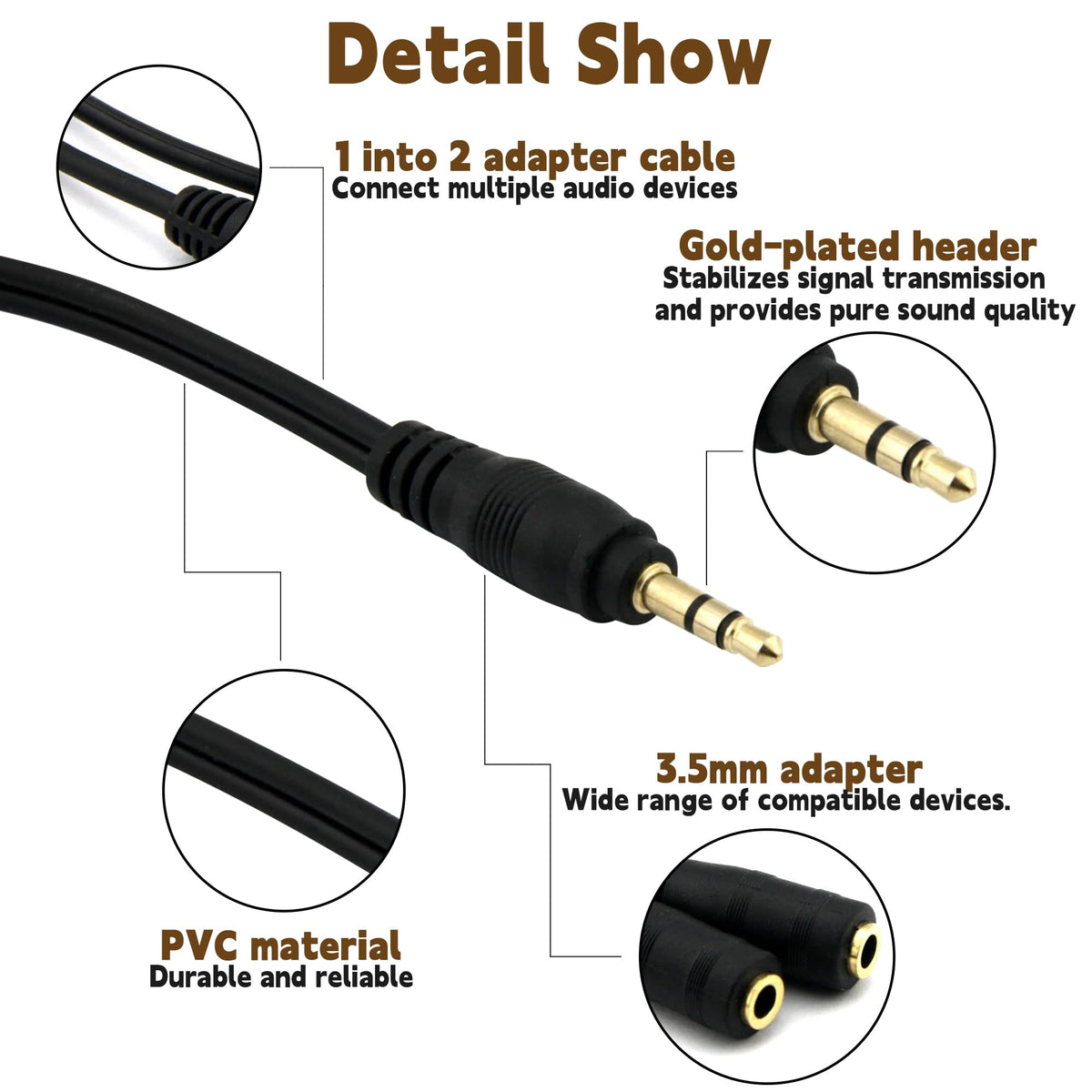 3.5mm Headphone Splitter Gold Plated 1 Male to 2 Female Audio Y Adapter 20cm Share Audio with Two Headphones or Speakers