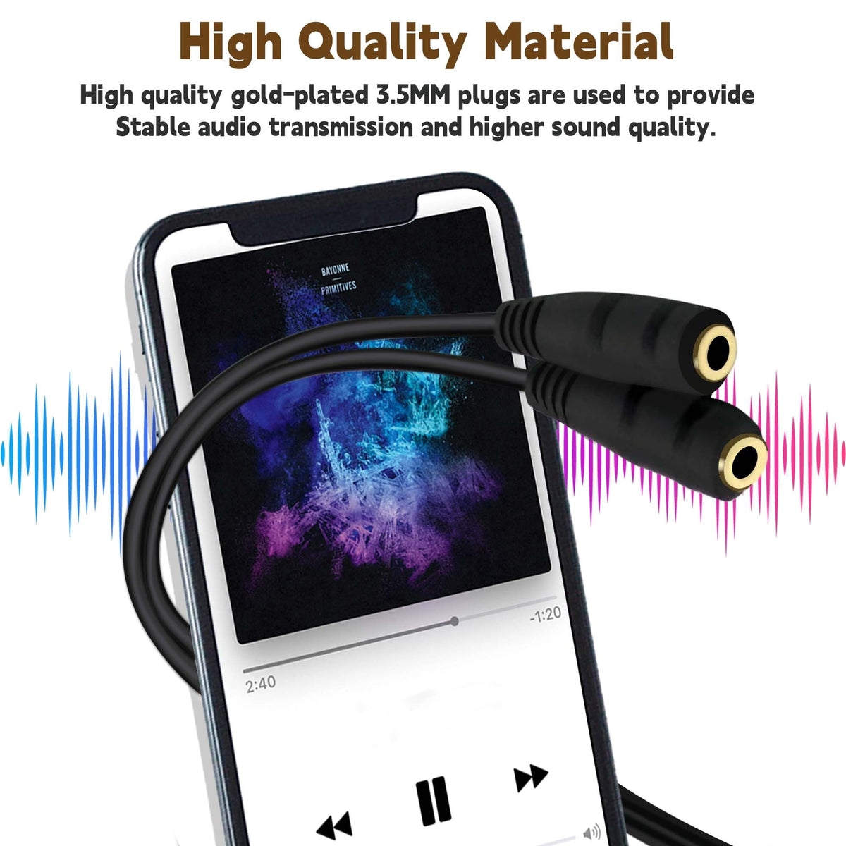 3.5mm Headphone Splitter Gold Plated 1 Male to 2 Female Audio Y Adapter 20cm Share Audio with Two Headphones or Speakers