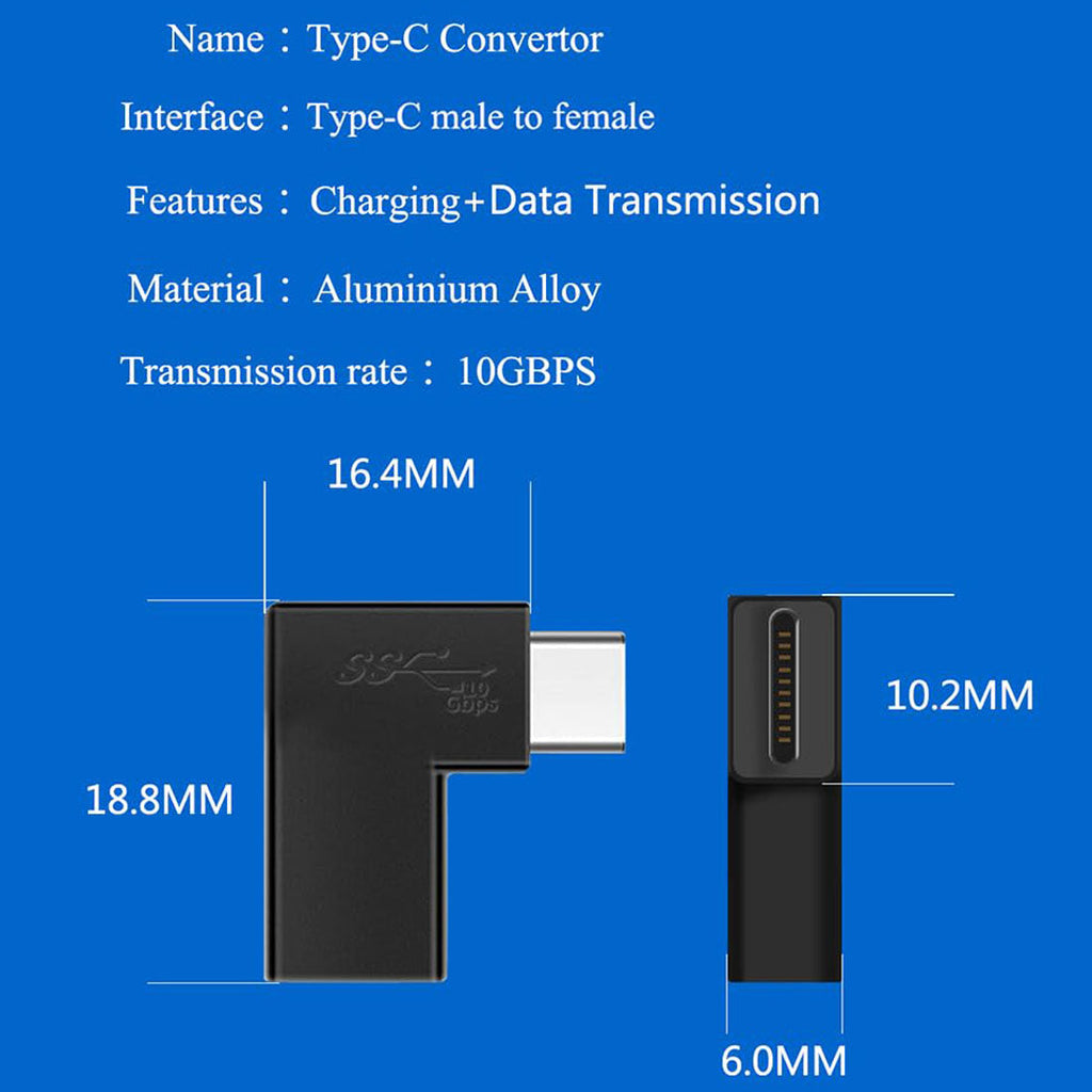 90 Degree Elbow L Shape USB C Male to Female Adapter USB3.1 Support 10GBbps Rate USB C Phone/Laptop Charging Port Converter 5V 3.3A