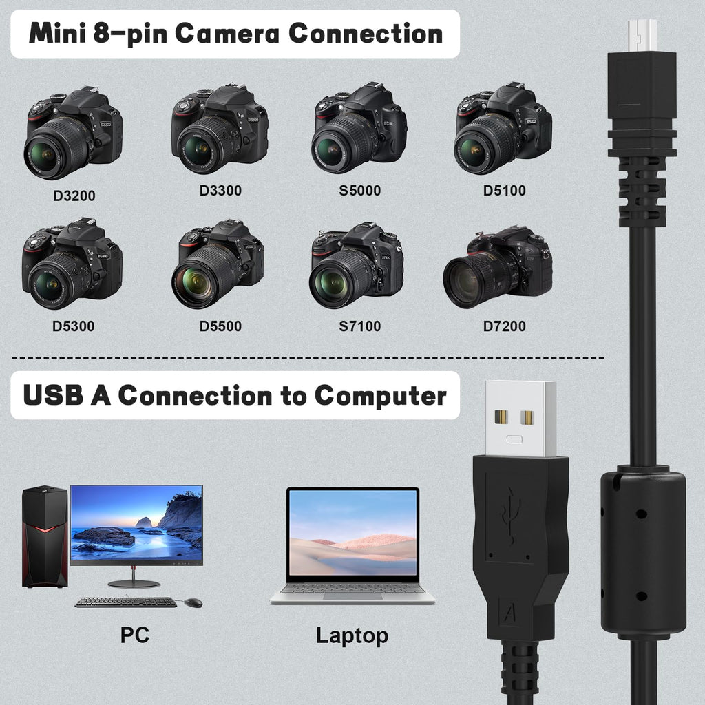 UC E6 8 Pin Mini USB Camera Cable for Nikon Coolpix DSLR D3300 D3200 D5300 D7100 S3300 and Sony Cyber Shot DSC W830 W800 Photo Transfer Data Sync Cord for PC Mac