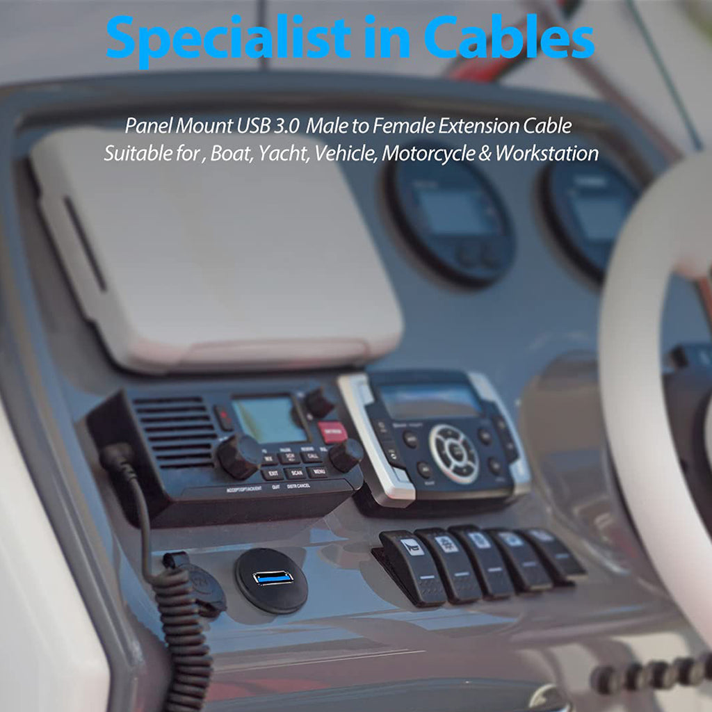 USB 3.0 Male to Female Flush Panel Mount Extension Cable for Car, Truck, Boat, and Motorcycle