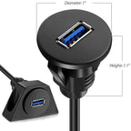 USB 3.0 Male to Female Flush Panel Mount Extension Cable for Car, Truck, Boat, and Motorcycle