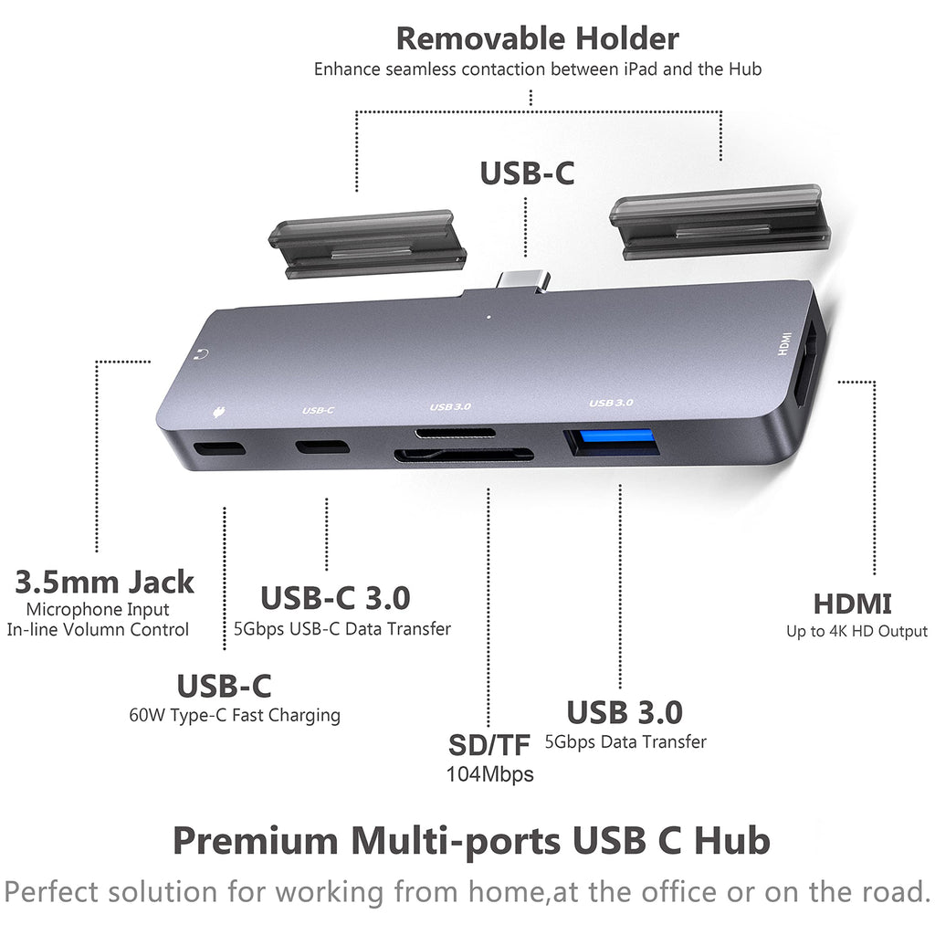 USB C Hub 7 in 1 Adapter with 4K HDMI USB 3.0 SD microSD Card Reader 3.5mm Audio USB C Data PD Charging for iPad Pro Air mini
