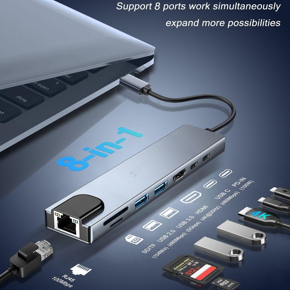 8 in 1 USB C Hub Multiport Adapter 4K HDMI 100Mbps RJ45 Ethernet 100W PD SD TF Card Reader USB 3.0 Type C Dock for MacBook Pro Air iPad Dell XPS