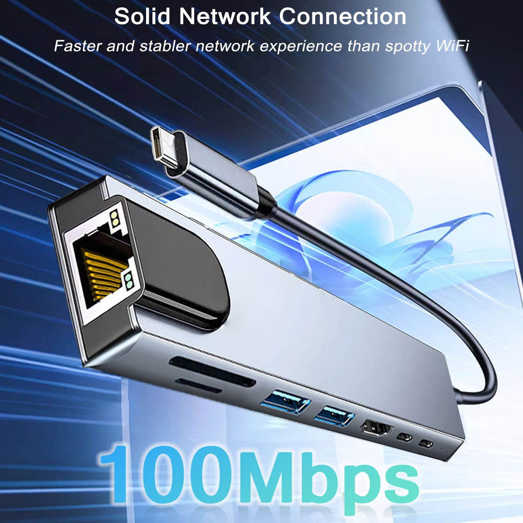 8 in 1 USB C Hub Multiport Adapter 4K HDMI 100Mbps RJ45 Ethernet 100W PD SD TF Card Reader USB 3.0 Type C Dock for MacBook Pro Air iPad Dell XPS