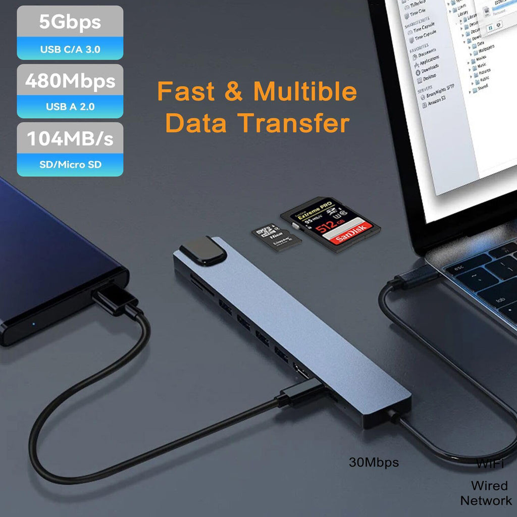 8 in 1 USB C Hub Multiport Adapter 4K HDMI 100Mbps RJ45 Ethernet 100W PD SD TF Card Reader USB 3.0 Type C Dock for MacBook Pro Air iPad Dell XPS
