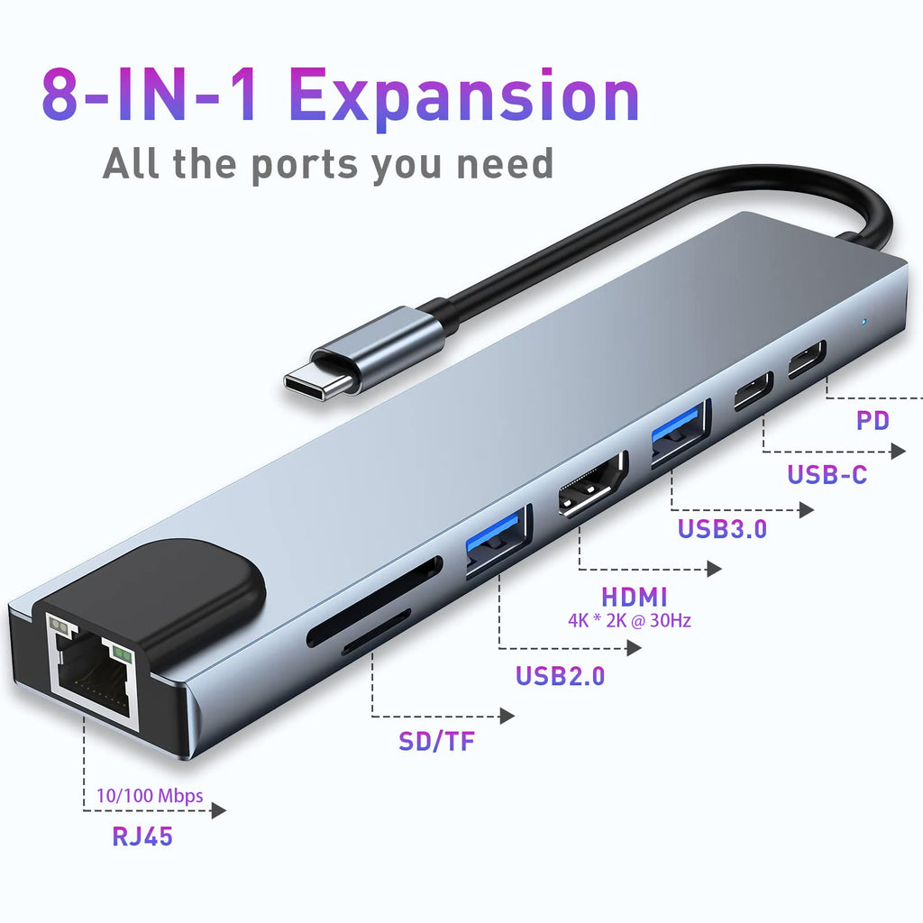 USB C Hub 8 in 1 Docking Station with 4K HDMI RJ45 Ethernet USB 3.0 USB 2.0 SD TF Card Reader PD Charging for MacBook Pro Air