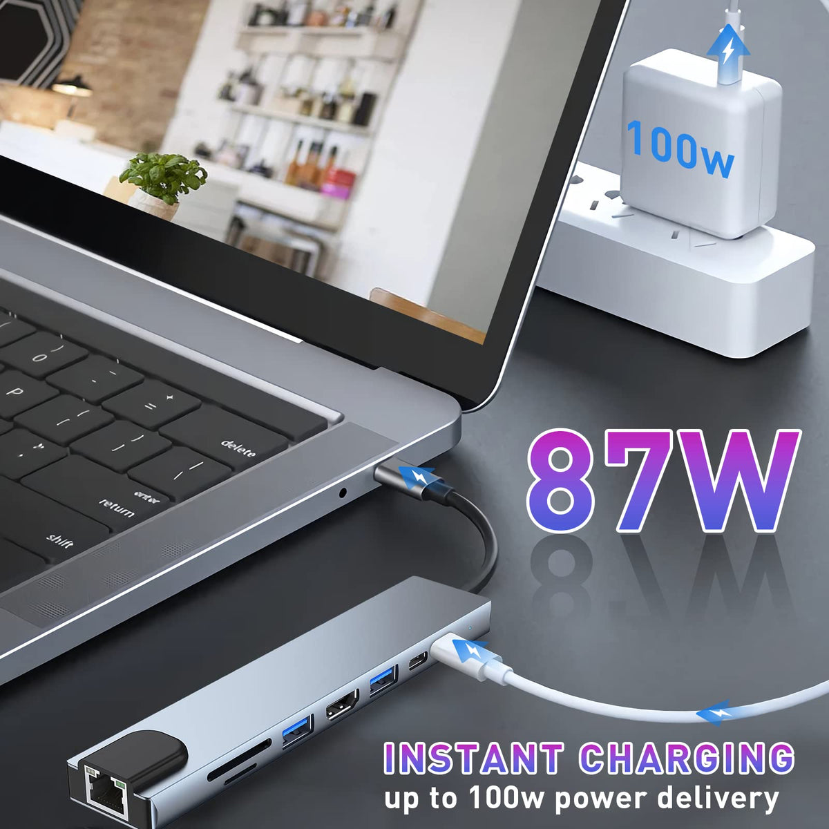 USB C Hub 8 in 1 Docking Station with 4K HDMI RJ45 Ethernet USB 3.0 USB 2.0 SD TF Card Reader PD Charging for MacBook Pro Air
