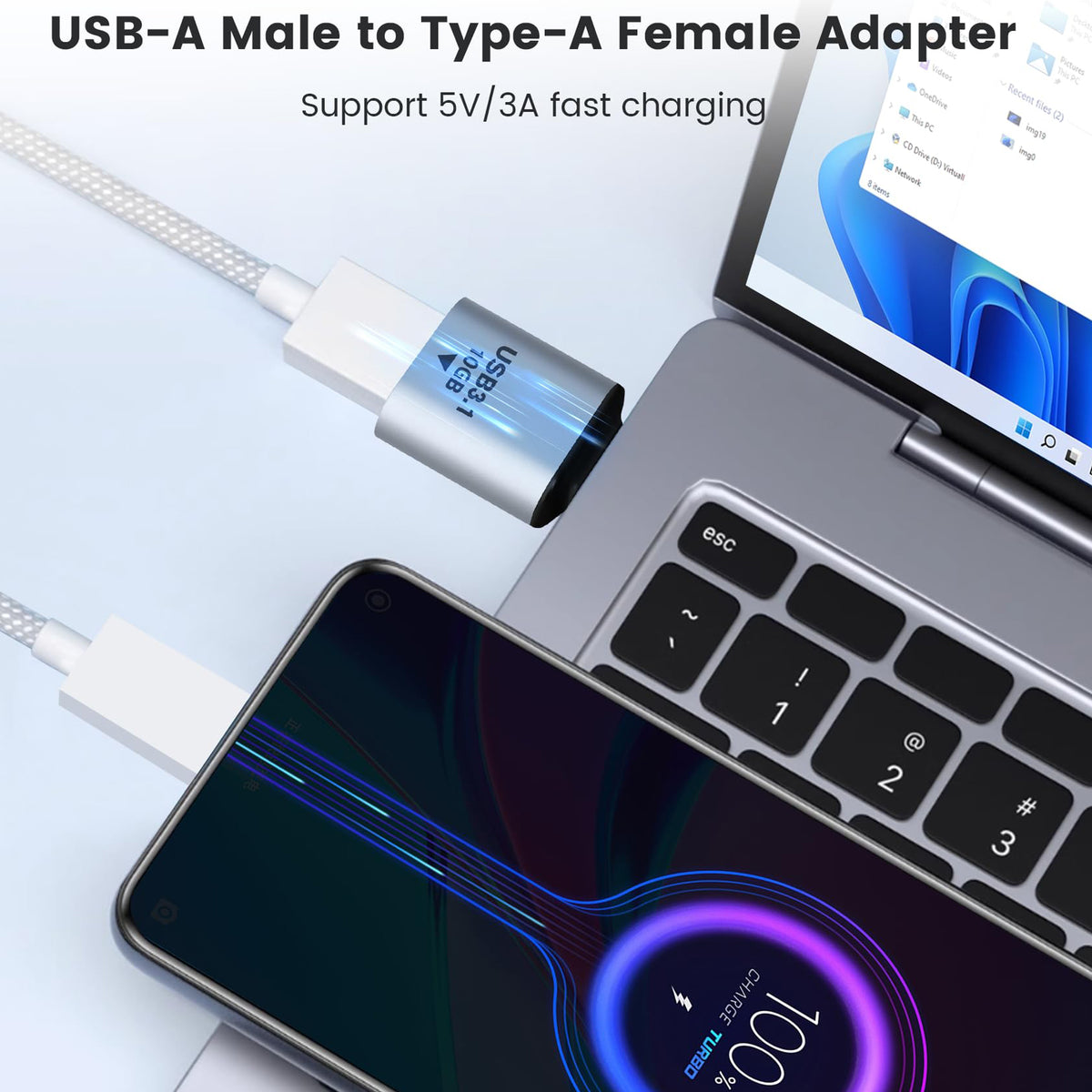 USB 3.1 Type A Male to Female Adapter 10Gbps 5V 3A Straight Extender for PC Laptop USB Flash Drive Mouse Keyboard