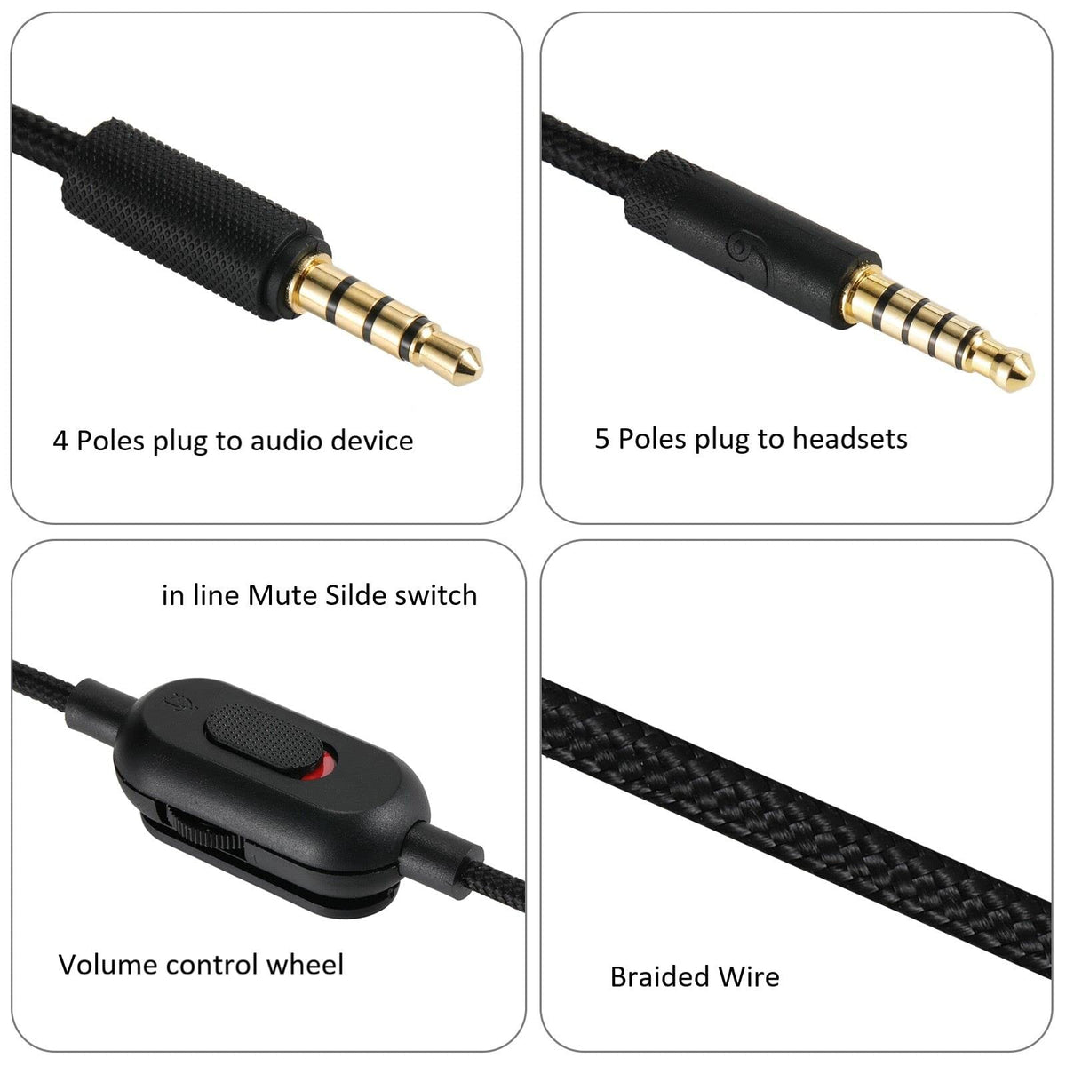 Replacement Audio Cable for Logitech G Pro X G433 G233 Headset 3.5mm 5 Pole to 4 Pole Braided Aux Cord with Inline Mute Volume Control for PC PS5 Xbox