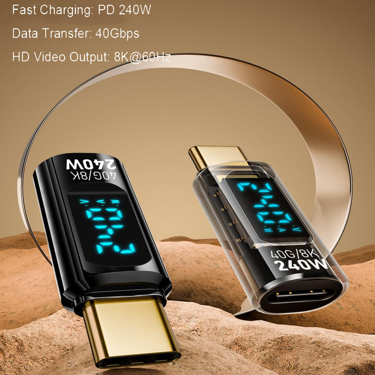 USB C Adapter LED Display 240W PD Fast Charging USB4 40Gbps 8K Video Transparent USB C Male to Female for iPhone 16 15 MacBook Samsung Laptop