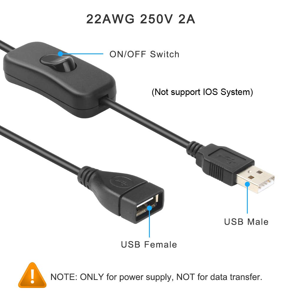 USB Extension Cable with On Off Switch Inline Rocker Power Adapter 22AWG for LED Desk Lamp Fan Drive Recorder