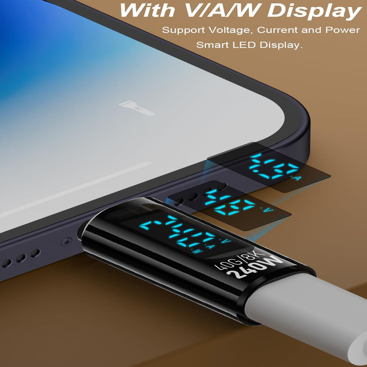 USB C Adapter LED Display 240W PD Fast Charging USB4 40Gbps 8K Video Transparent USB C Male to Female for iPhone 16 15 MacBook Samsung Laptop