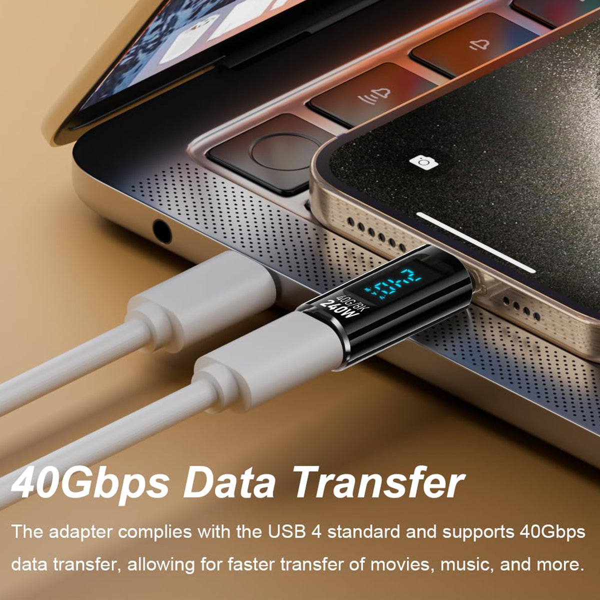 USB C Adapter LED Display 240W PD Fast Charging USB4 40Gbps 8K Video Transparent USB C Male to Female for iPhone 16 15 MacBook Samsung Laptop