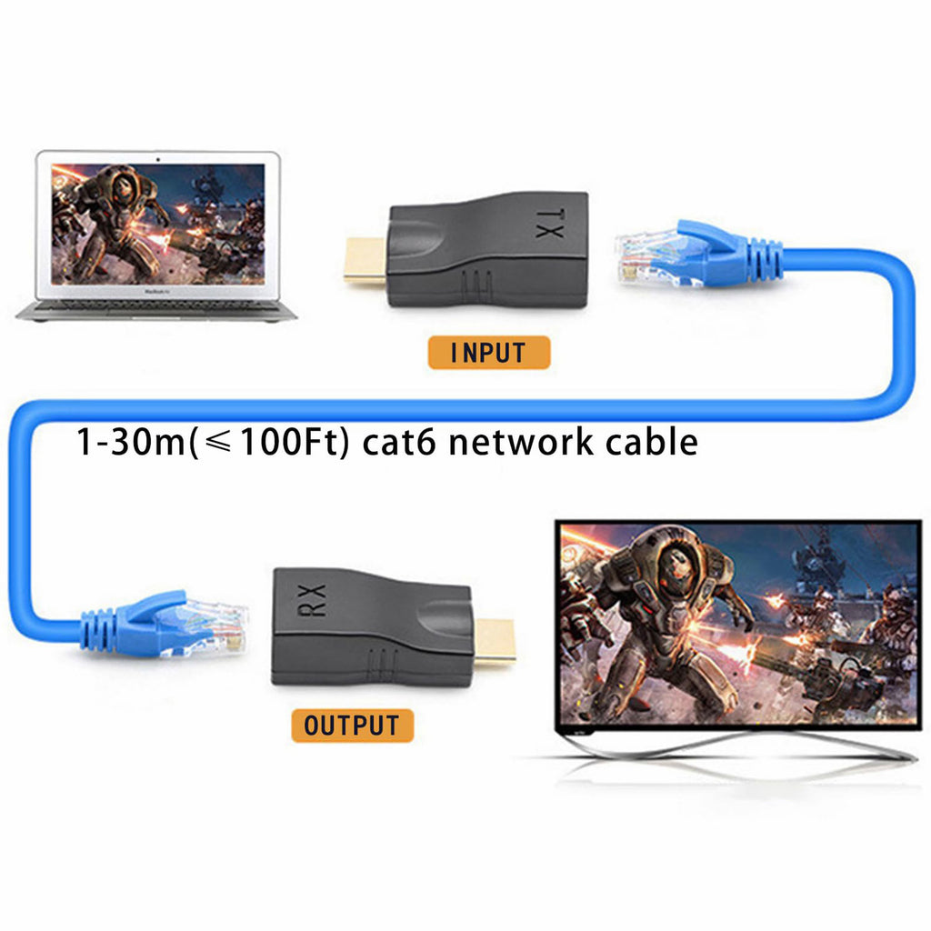 Ethernet RJ45 Extender for HDMI Cat5e Cat6 Cable 1080P 60Hz 30m 98ft Transmitter Receiver TX RX Set No Power Needed for HDTV PC PS4 Projector