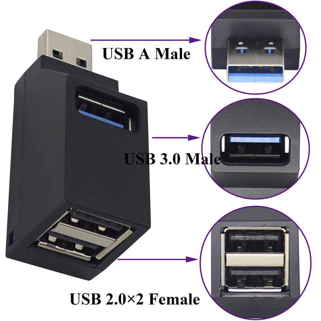 3 Port Portable USB Hub 1 USB 3.0 2 USB 2.0 90 Degree Data Splitter Adapter for PC Laptop MAC