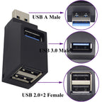 3 Port Portable USB Hub 1 USB 3.0 2 USB 2.0 90 Degree Data Splitter Adapter for PC Laptop MAC