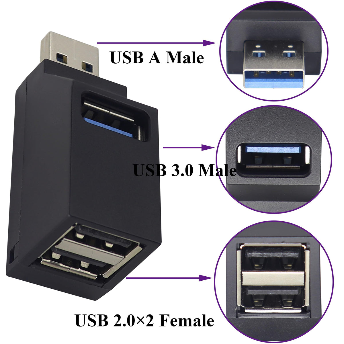 3 Port Portable USB Hub 1 USB 3.0 2 USB 2.0 90 Degree Data Splitter Adapter for PC Laptop MAC