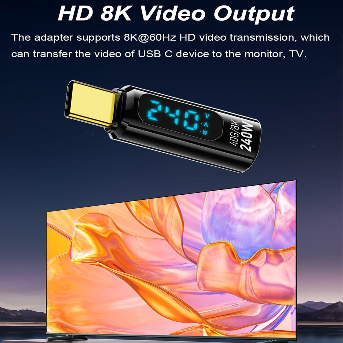 USB C Adapter LED Display 240W PD Fast Charging USB4 40Gbps 8K Video Transparent USB C Male to Female for iPhone 16 15 MacBook Samsung Laptop