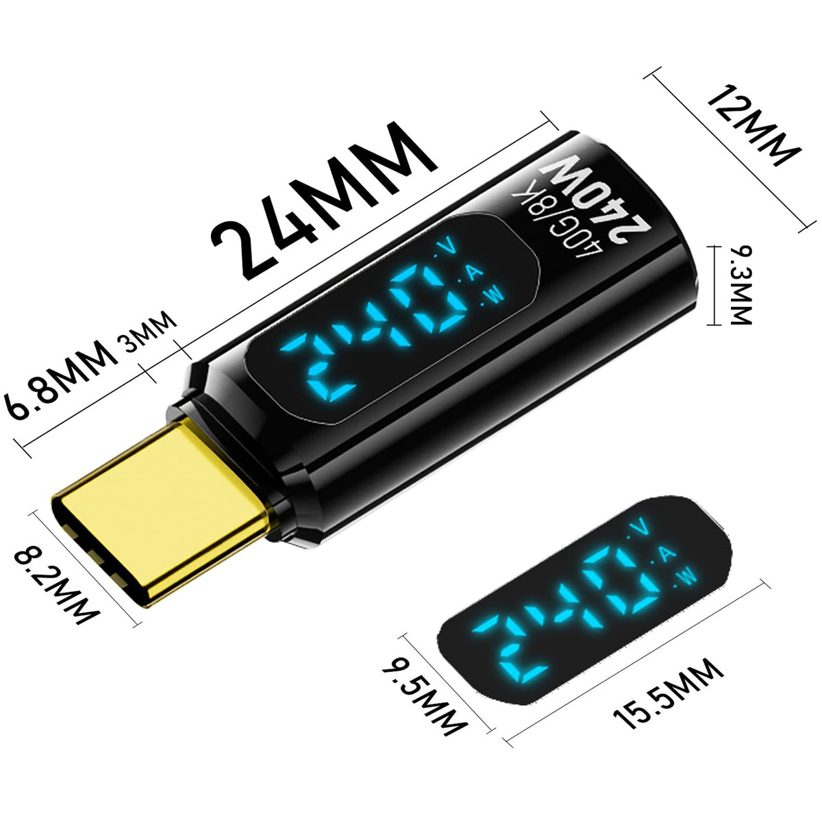 USB C Adapter LED Display 240W PD Fast Charging USB4 40Gbps 8K Video Transparent USB C Male to Female for iPhone 16 15 MacBook Samsung Laptop