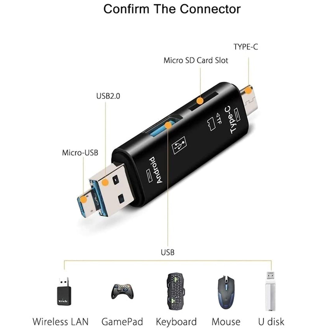 5 in 1 USB C Micro USB to USB OTG Adapter with TF SD Card Reader Multi Port Hub Dongle for Android Phone Mac PC Flash Drive Mouse Keyboard