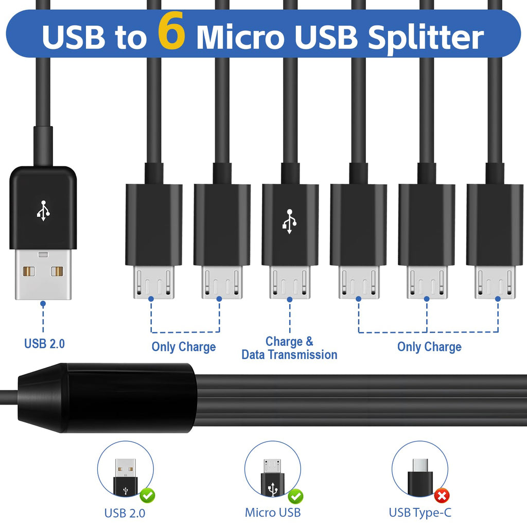 1 to 6 Micro USB Charging Splitter USB A to 6X Micro USB Multi Charger Cord 1 Port 5A Data Sync 5 Port 3A Charge Only for Earbuds Speaker Power Bank