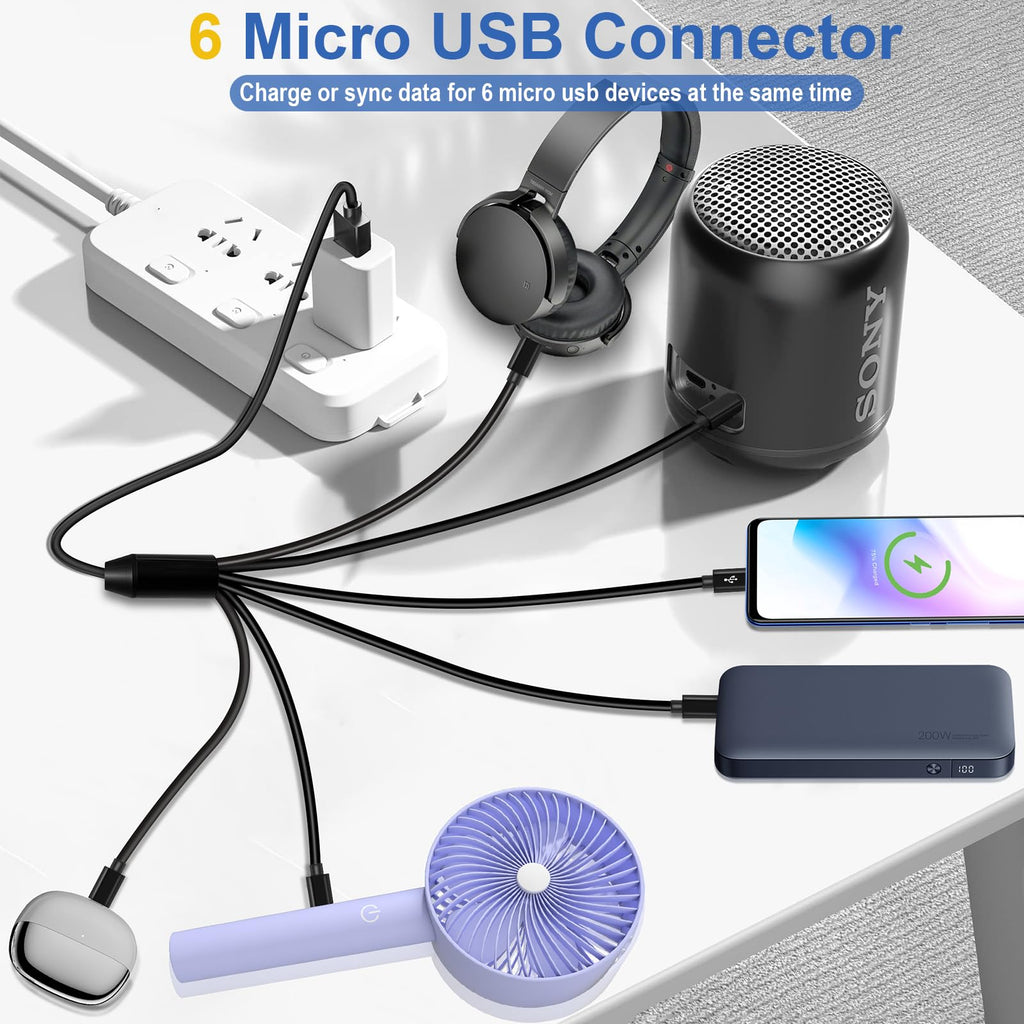 1 to 6 Micro USB Charging Splitter USB A to 6X Micro USB Multi Charger Cord 1 Port 5A Data Sync 5 Port 3A Charge Only for Earbuds Speaker Power Bank