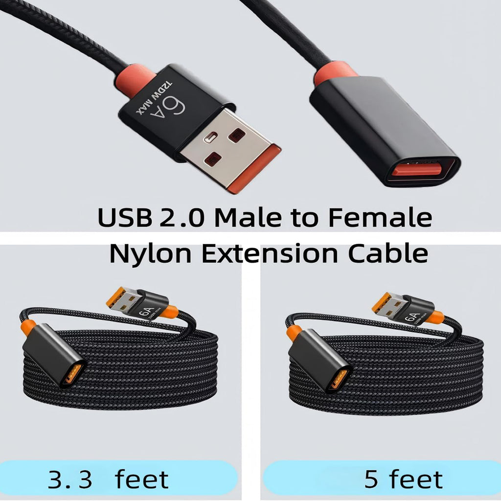 USB Extension Cable USB 2.0 A Male to Female Extender Cord 6A 120W Fast Charging 480Mbps Nylon Braided Wire for PC Laptop TV Keyboard Mouse Webcam Flash Drive