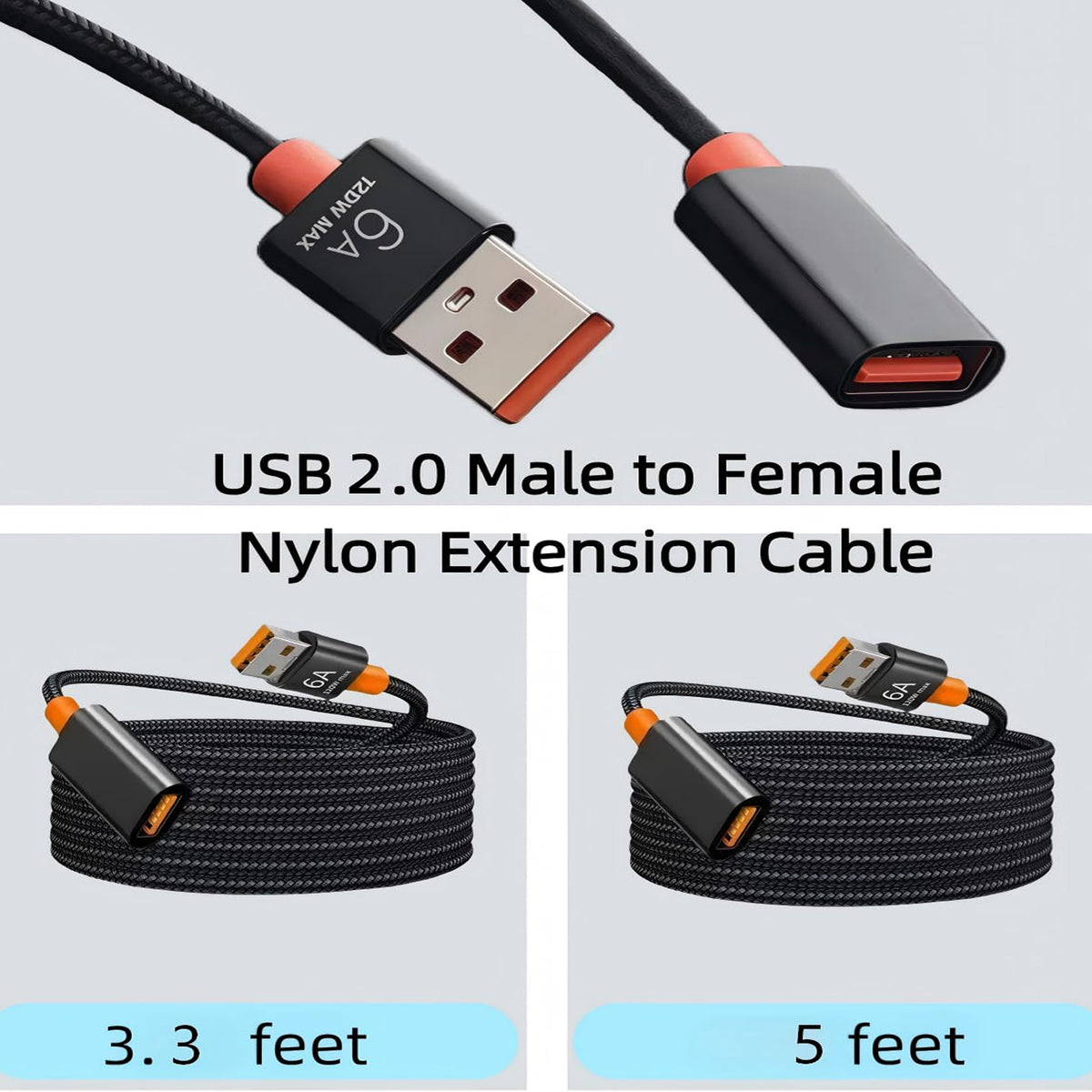 USB Extension Cable USB 2.0 A Male to Female Extender Cord 6A 120W Fast Charging 480Mbps Nylon Braided Wire for PC Laptop TV Keyboard Mouse Webcam Flash Drive
