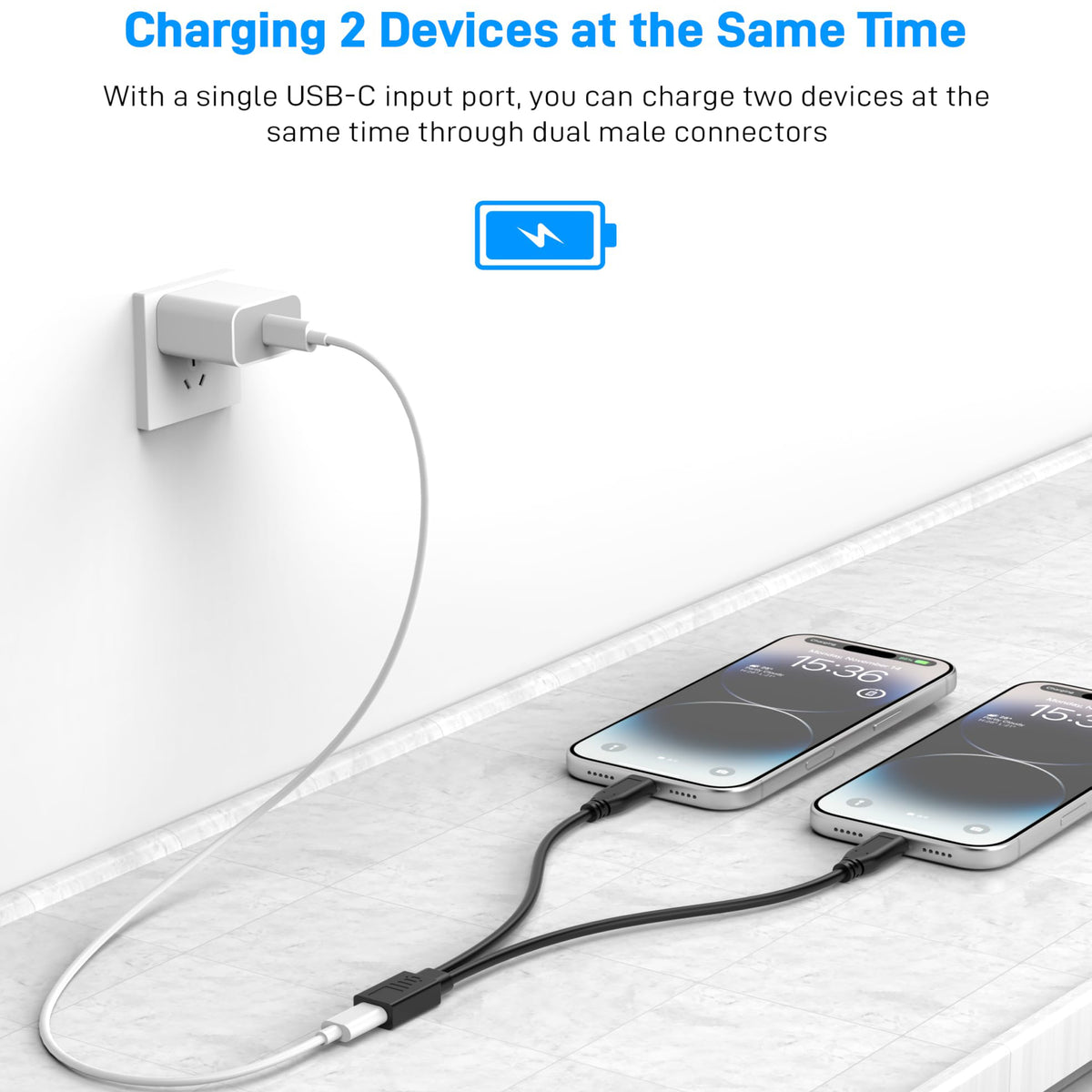 USB-C Splitter Cable 1 Female to 2 Male Y Splitter 30cm Charge Two USB-C Devices Simultaneously for Phone Tablet Earbuds Smart Watch
