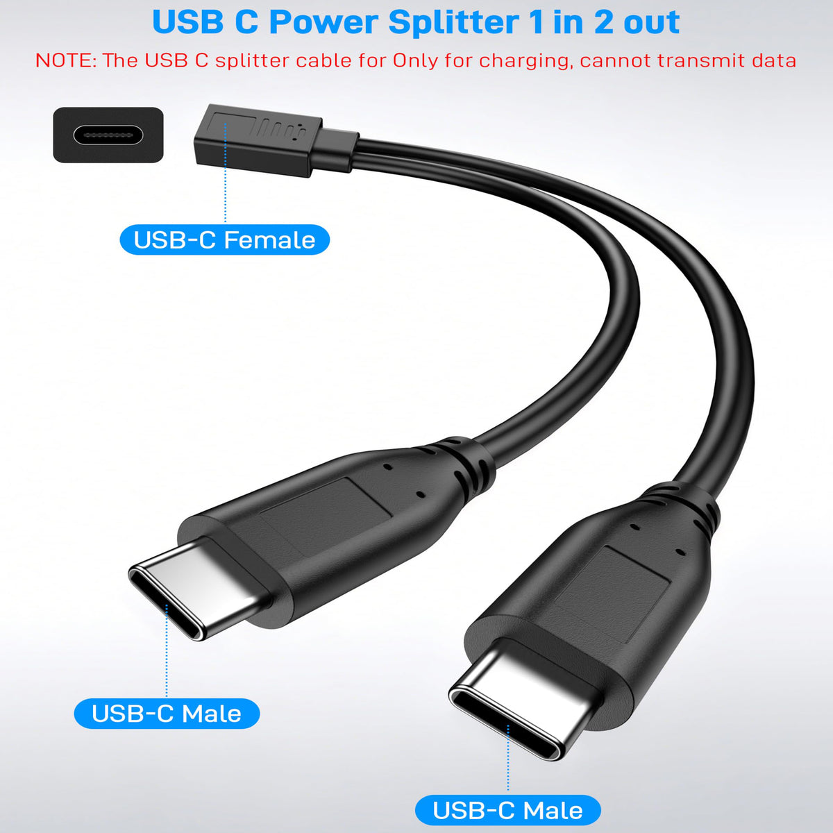 USB-C Splitter Cable 1 Female to 2 Male Y Splitter 30cm Charge Two USB-C Devices Simultaneously for Phone Tablet Earbuds Smart Watch