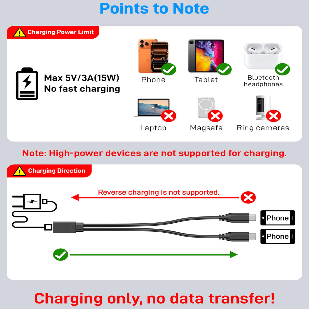 USB-C Splitter Cable 1 Female to 2 Male Y Splitter 30cm Charge Two USB-C Devices Simultaneously for Phone Tablet Earbuds Smart Watch