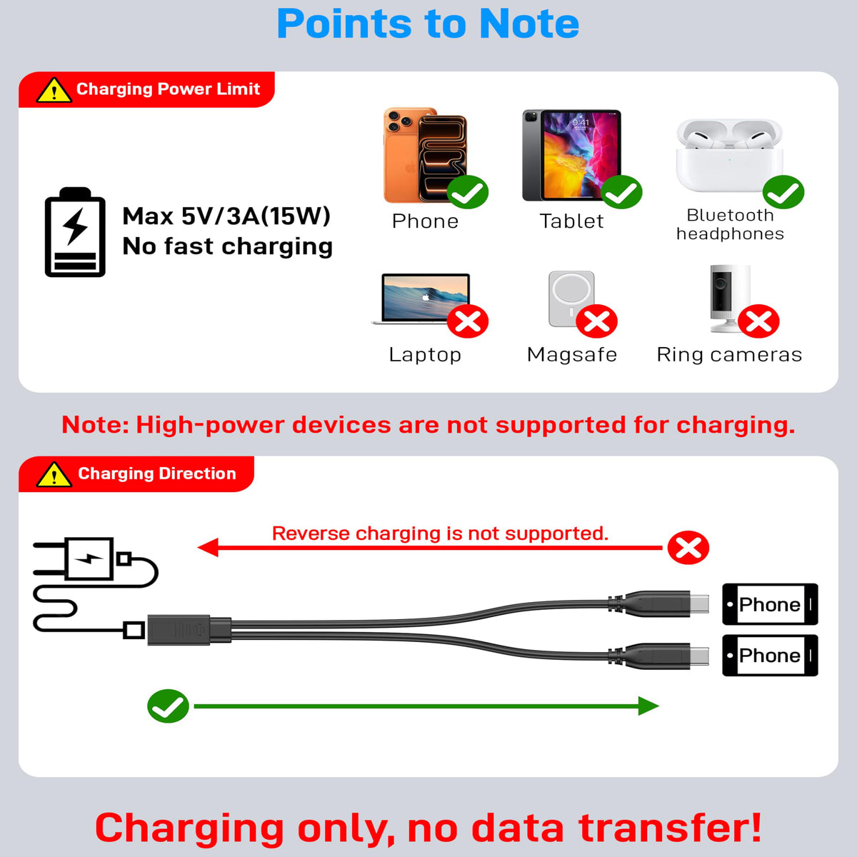 USB-C Splitter Cable 1 Female to 2 Male Y Splitter 30cm Charge Two USB-C Devices Simultaneously for Phone Tablet Earbuds Smart Watch